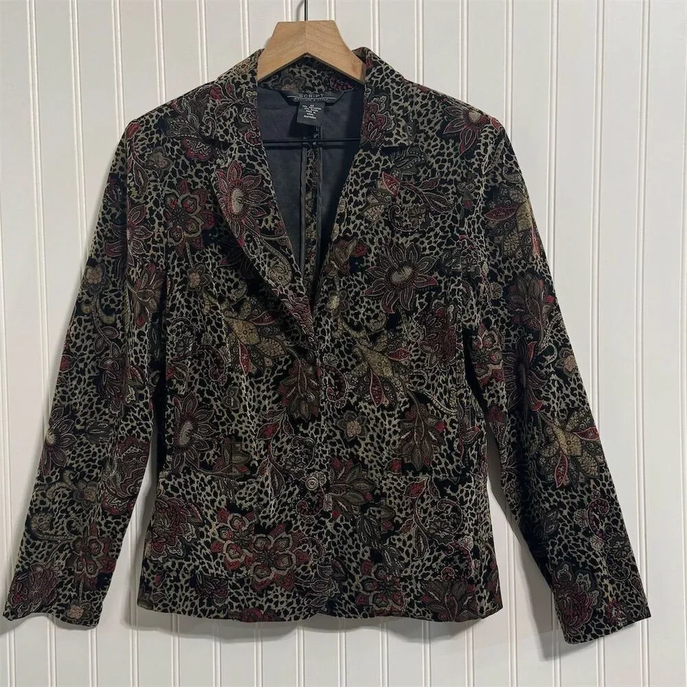Script Size 10 Velvet Blazer‎ Burnout Floral Leopard Print Jacket Black Red Tan